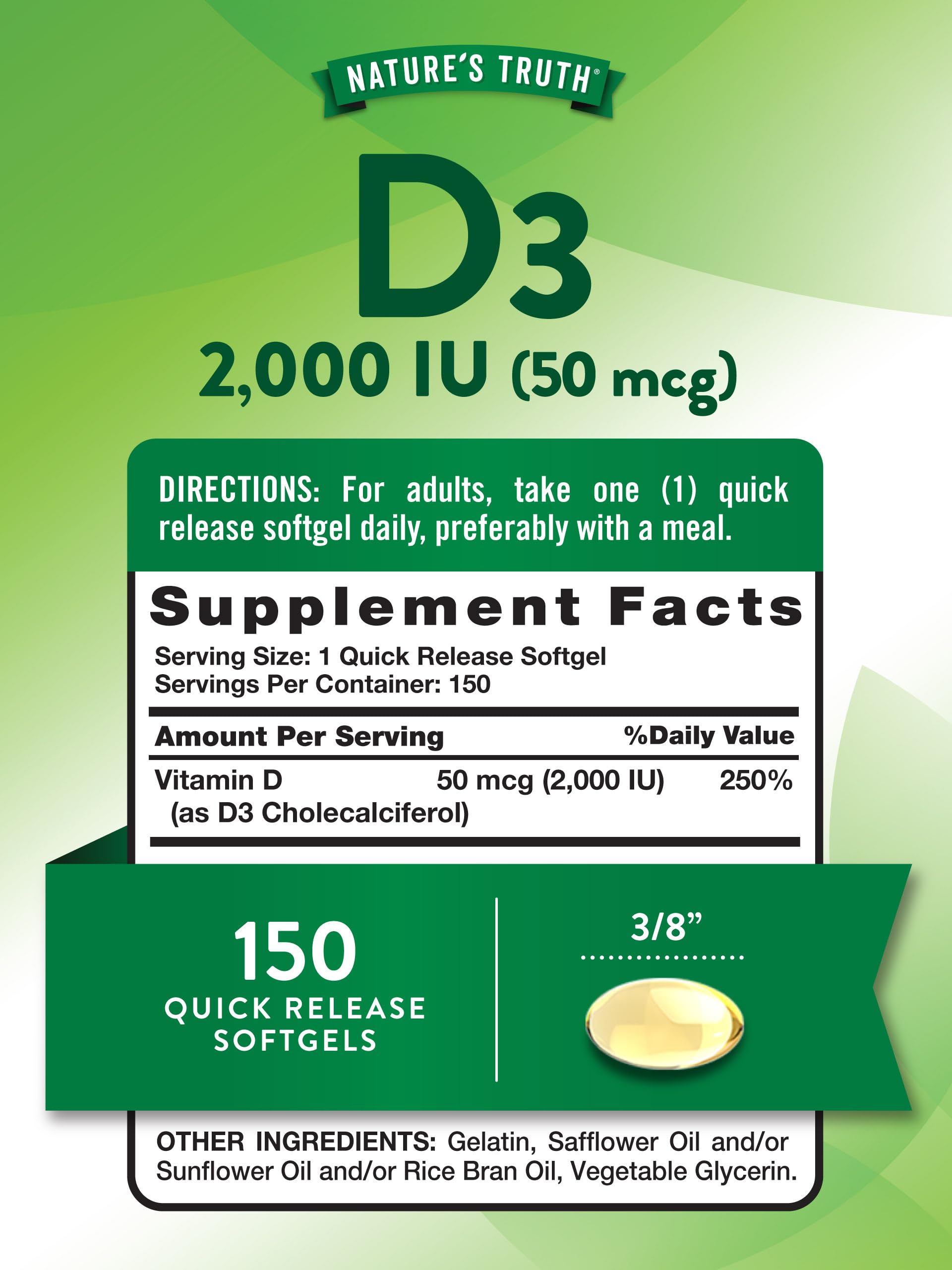 Nature's Truth Vitamin D3 bottle back with supplement facts