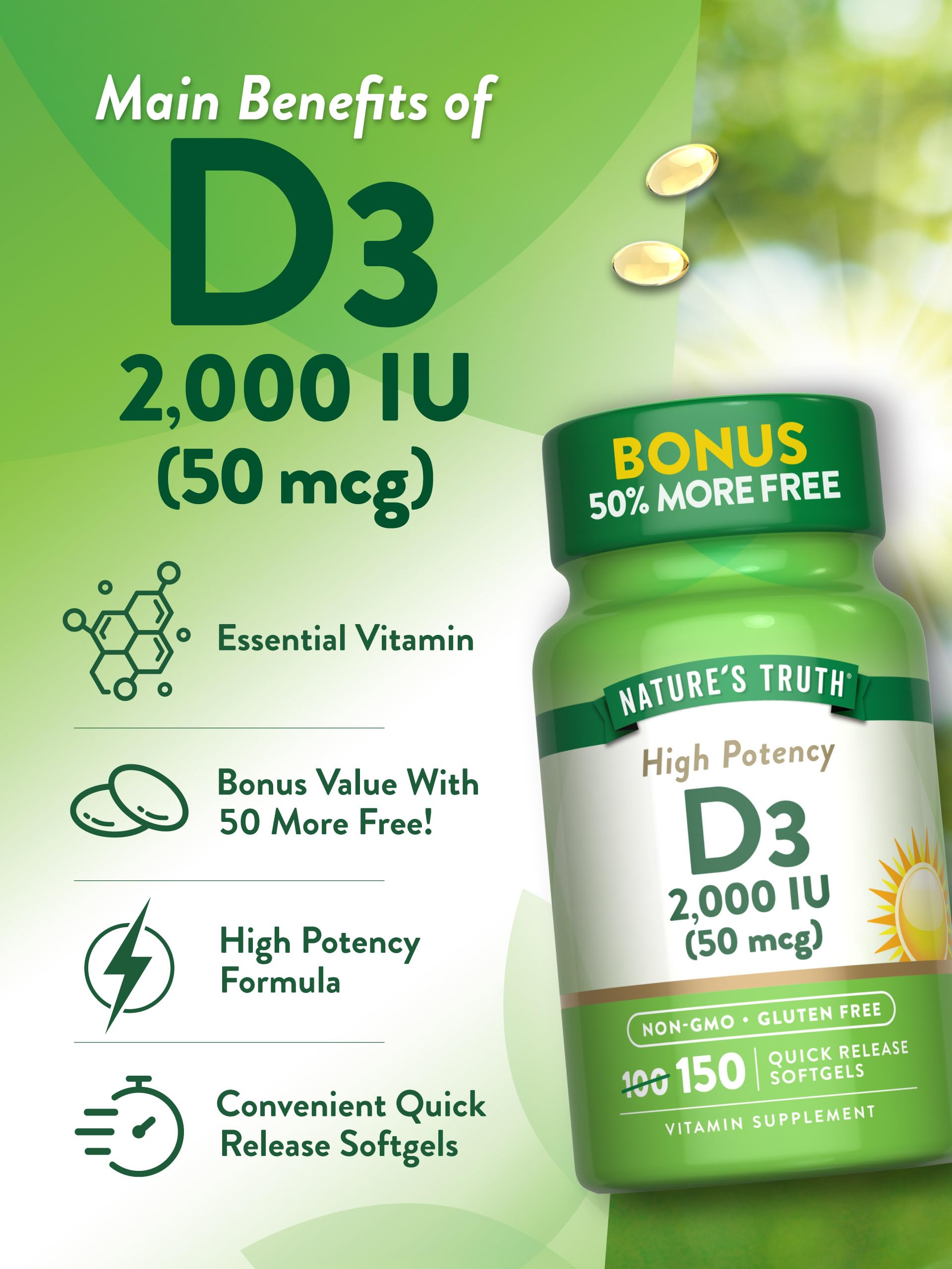 Gluten free and non-GMO claim on Nature's Truth Vitamin D3 packaging