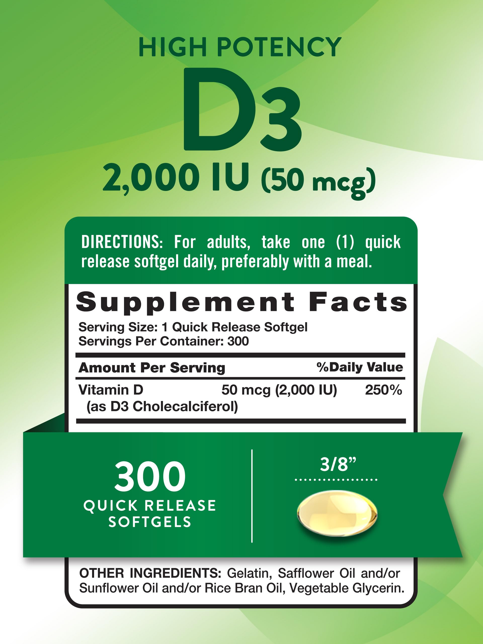 Back label showing supplement facts on Nature's Truth Vitamin D3 bottle