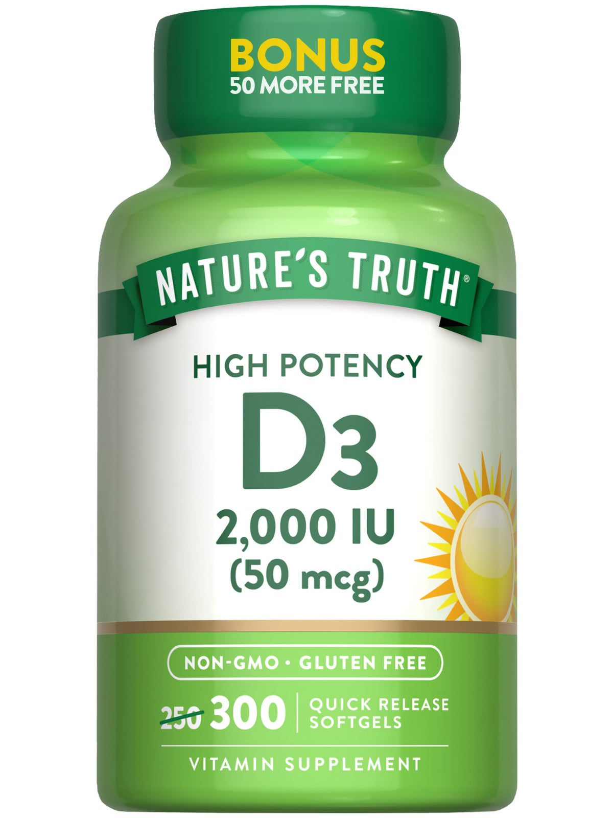 Front view of Nature's Truth Vitamin D3 2000 IU bottle with 300 softgels