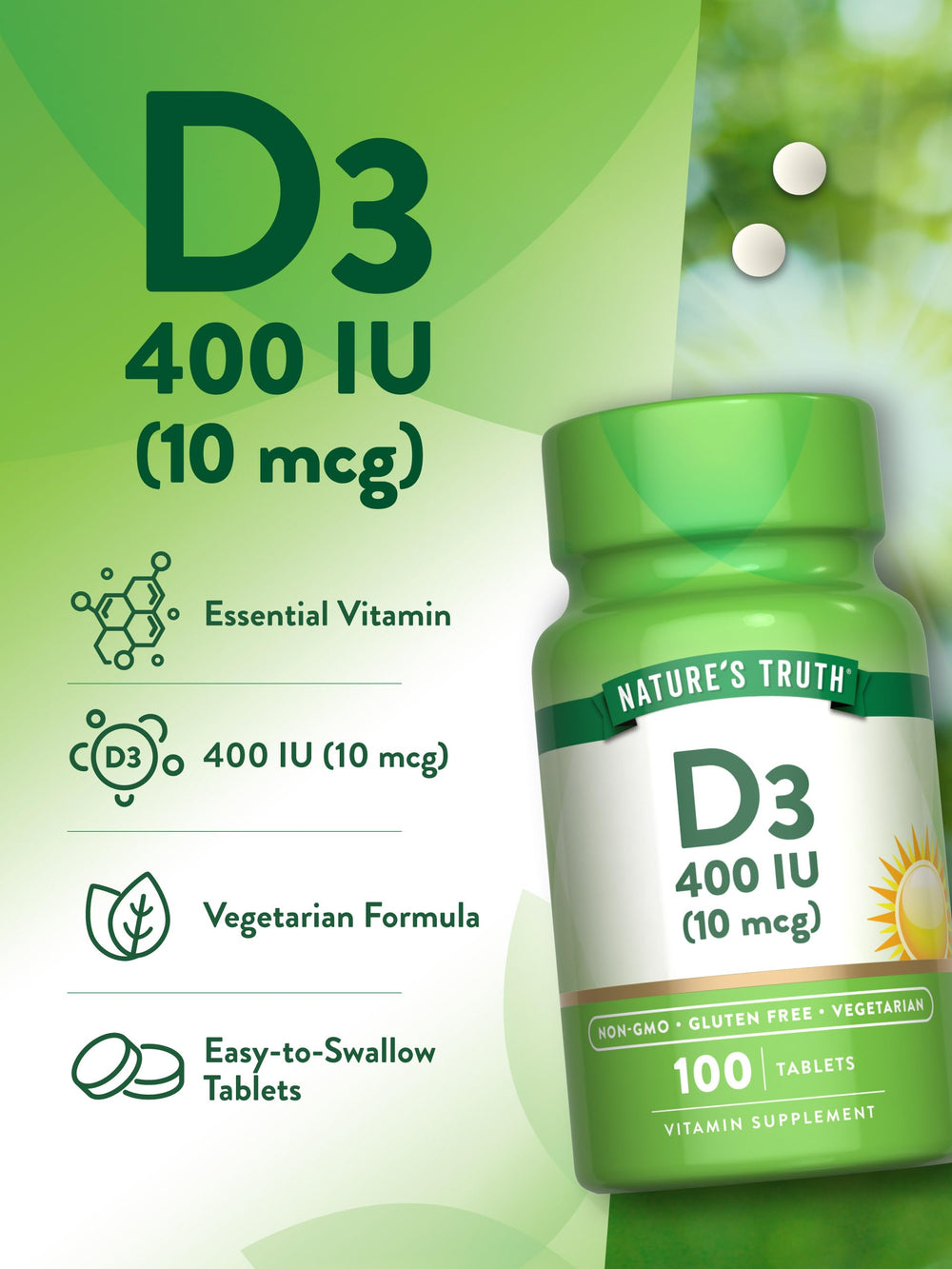 Gluten-free, Non-GMO Vitamin D3 bottle on white