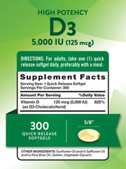 Close-up of bottle label showing 5000 IU / 125 mcg vitamin D3