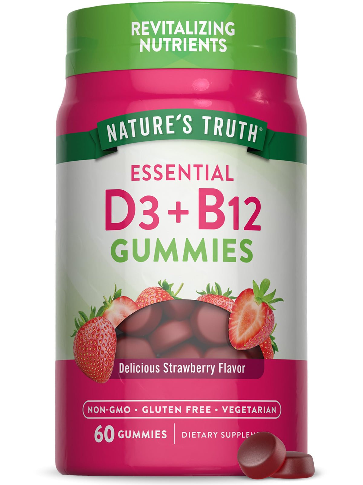 Nature's Truth Vitamin D3 & B12 Gummies for Adults – Strawberry Flavor, 60 Count – Main Image