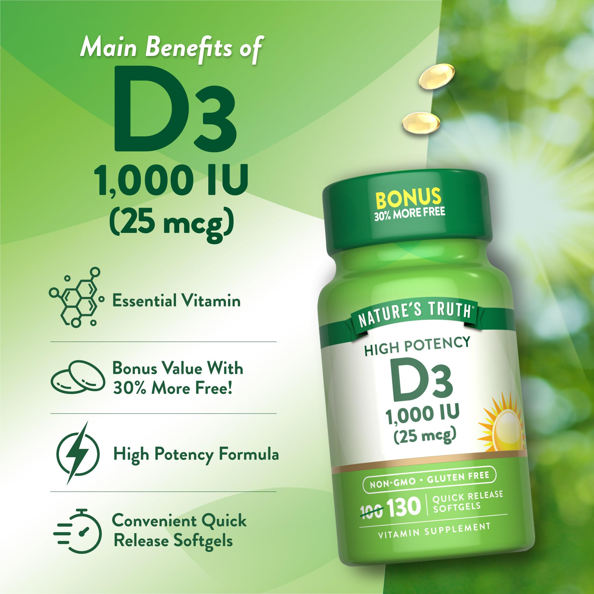Non-GMO and gluten-free icons on Nature's Truth Vitamin D3 packaging