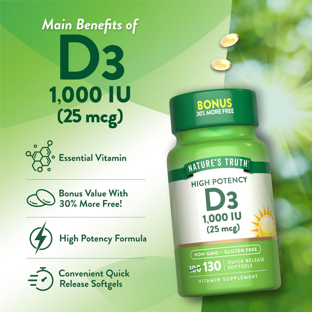 Non-GMO and gluten-free icons on Nature's Truth Vitamin D3 packaging
