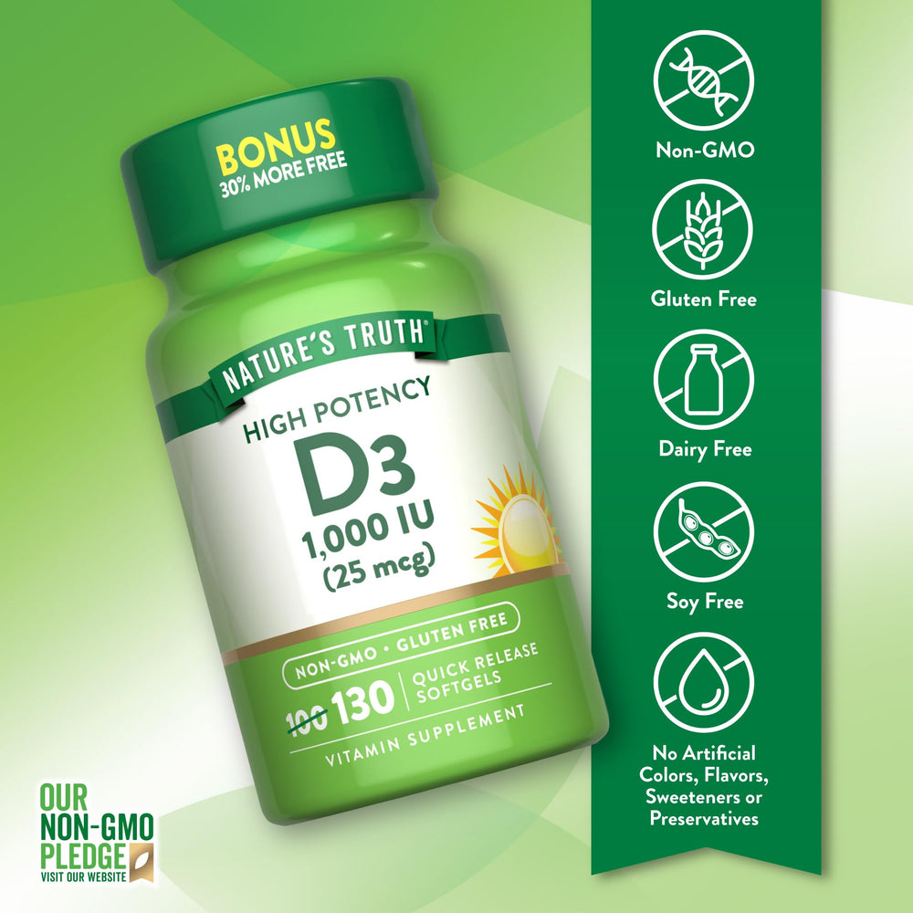 Close-up of Nature's Truth Vitamin D3 1000 IU softgels