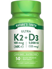 Nature's Truth Vitamin K2 MK7 Complex bottle with 100 mcg D3 softgels - front