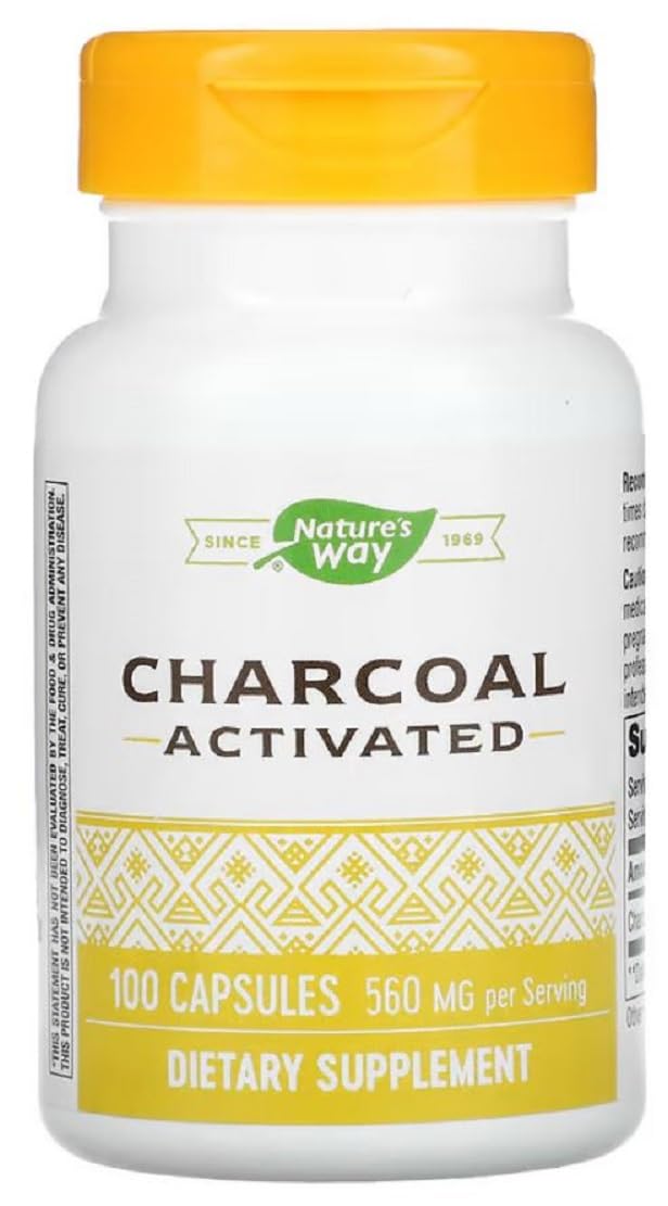 Bottle of Natures Way Activated Charcoal 260 mg with 100 capsules