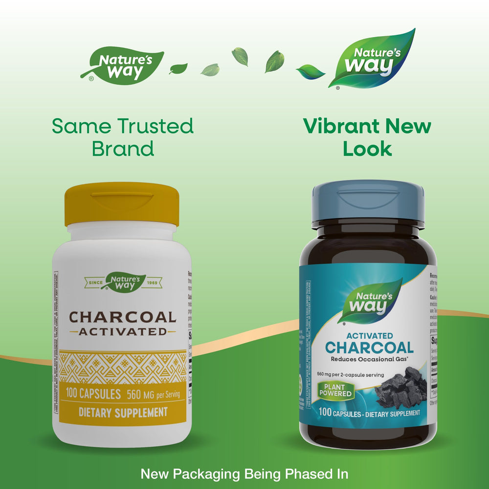 Nature's Way Activated Charcoal capsules with digestive support imagery