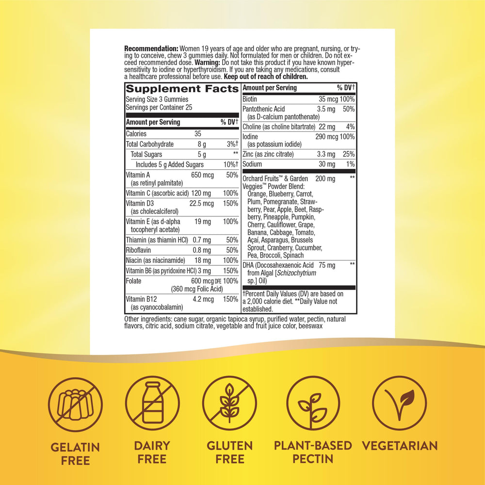 Gummies next to highlights of folate and plant-based DHA