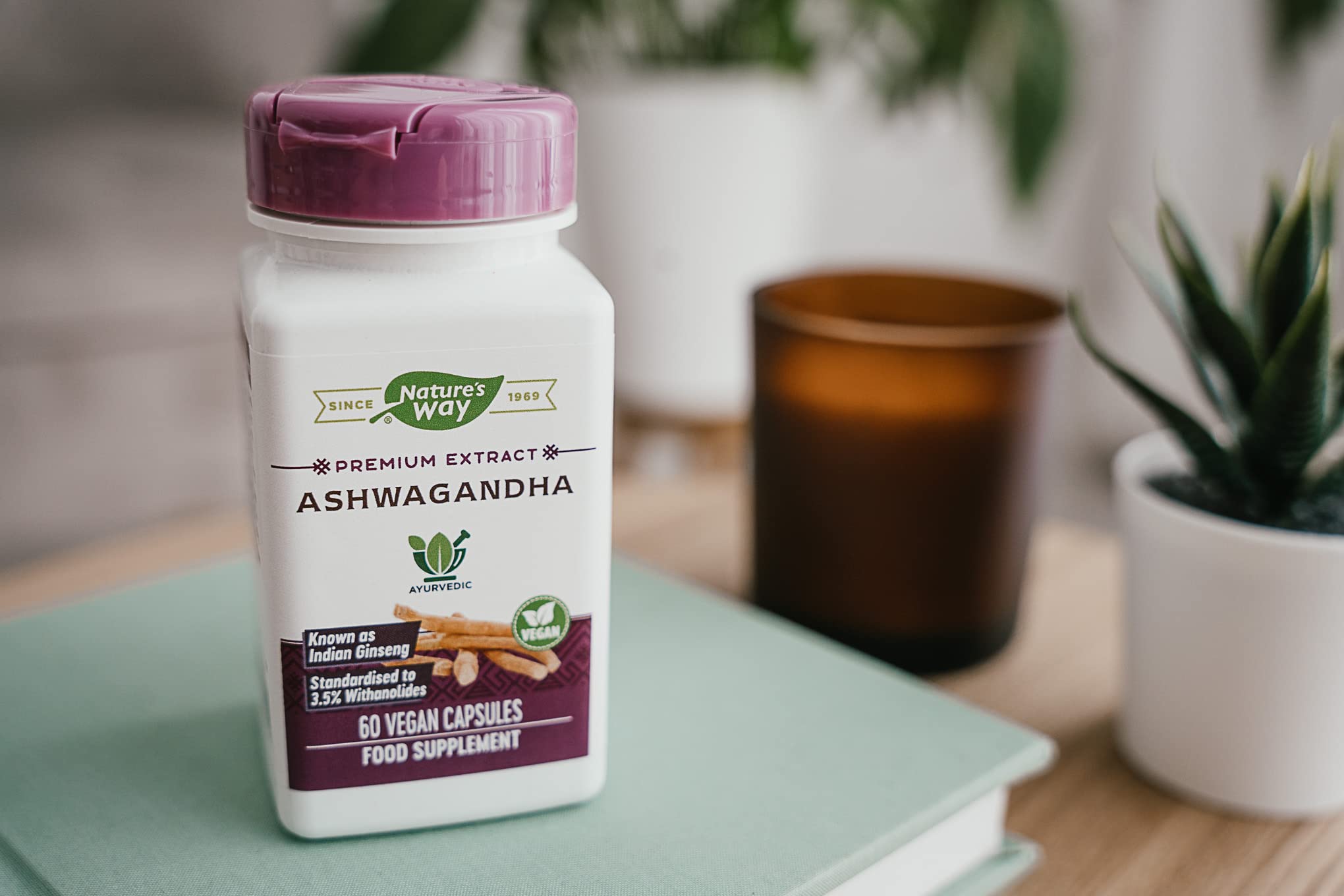 Lifestyle image of Ashwagandha supplement bottle