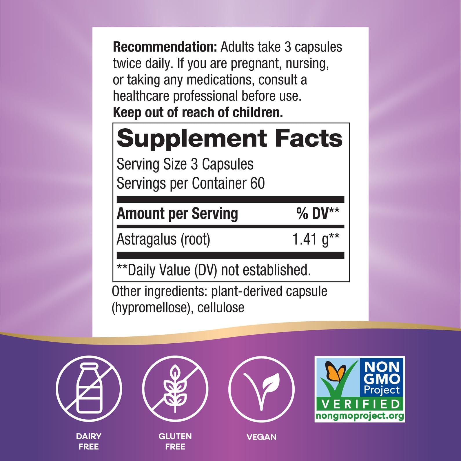 Close-up of bottle label highlighting 1,410 mg per 3-capsule serving