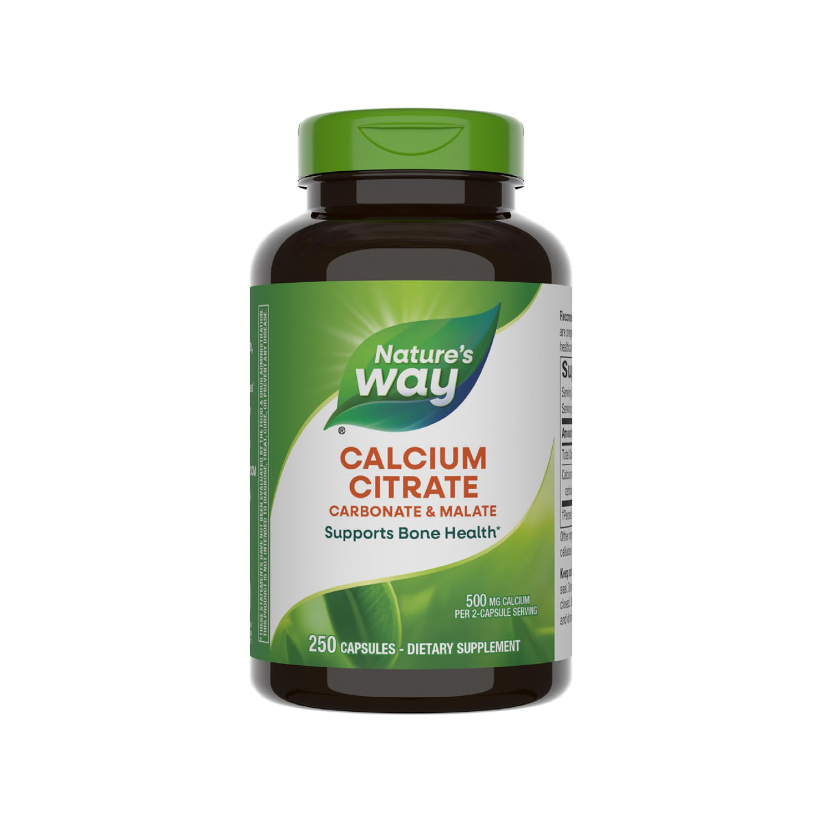 Nature's Way Calcium Citrate bottle label showing 500 mg per 2-capsule serving