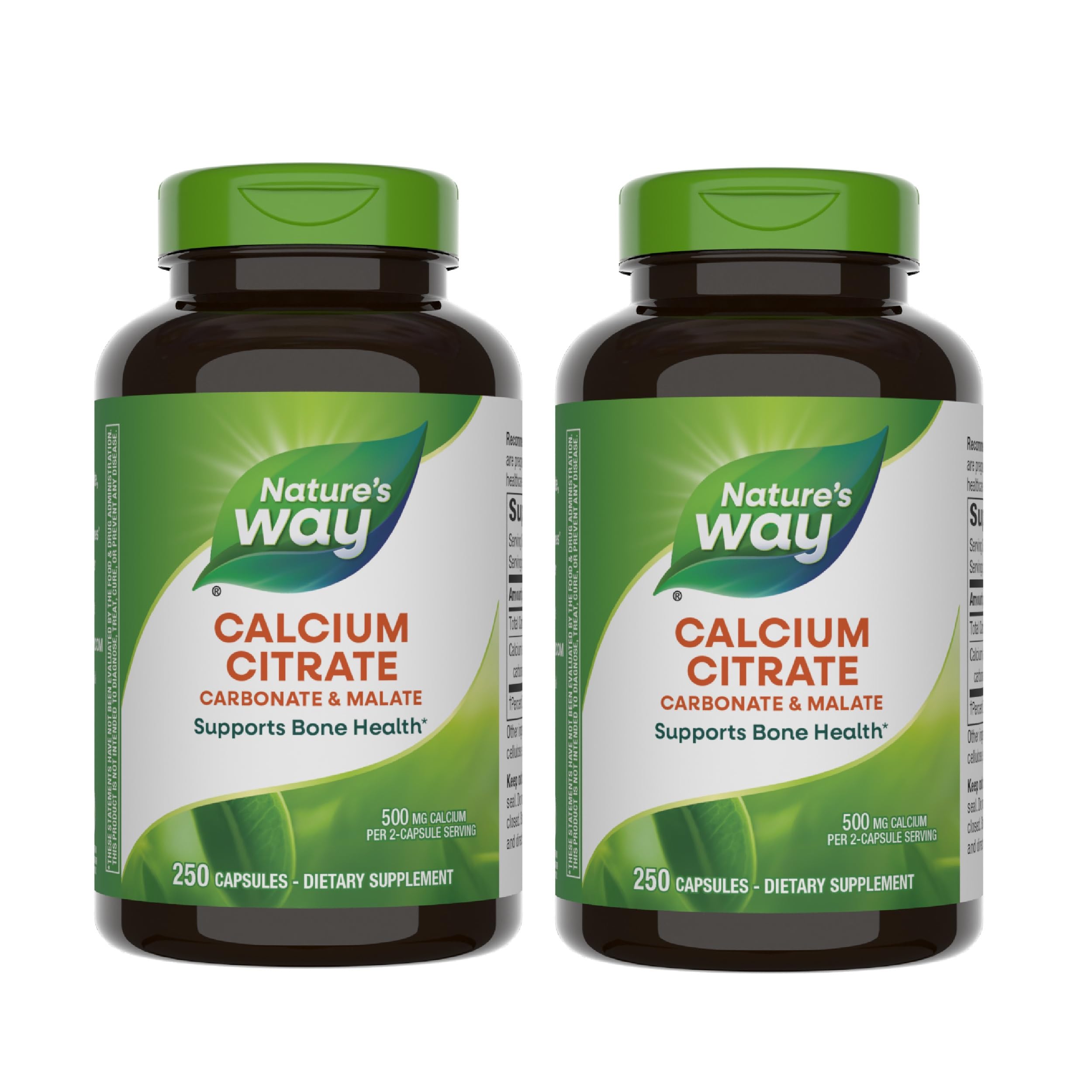 Nature's Way Calcium Citrate bottle showing 500 mg per 2-capsule serving