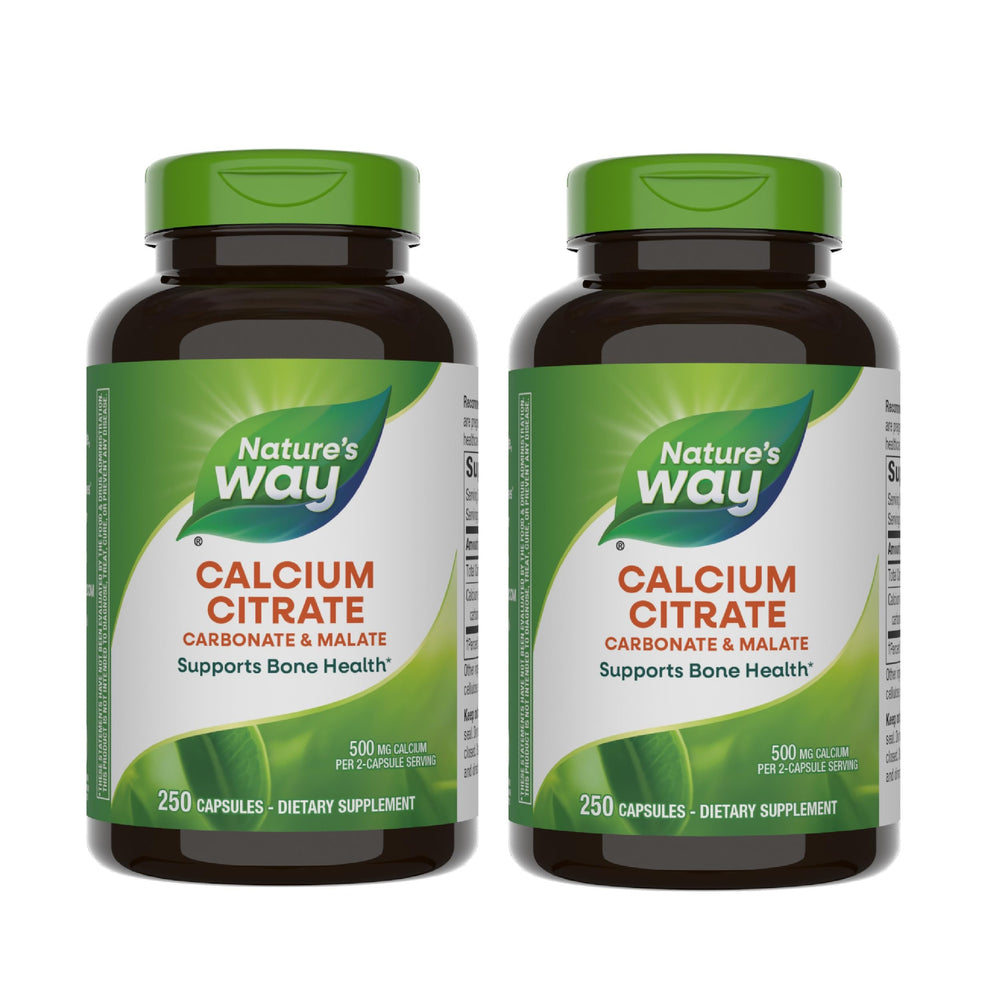 Nature's Way Calcium Citrate bottle showing 500 mg per 2-capsule serving