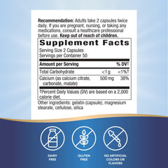 Back label showing supplement facts for Nature's Way calcium blend