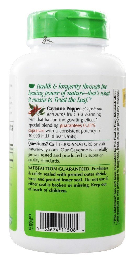 Product packaging and bottle of Natures Way Cayenne Pepper 40000 HU