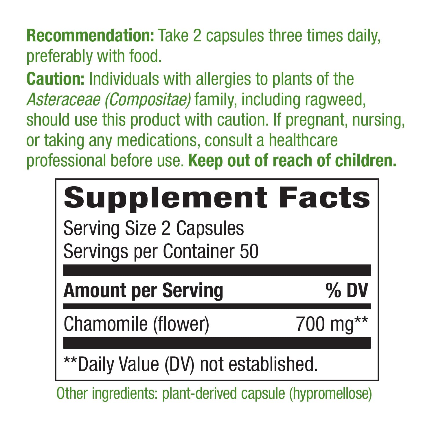 Back label detailing serving size and contents of Nature's Way Chamomile Flower