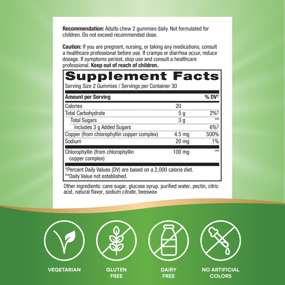 Gluten-free and vegetarian Nature's Way Chlorofresh Gummies label