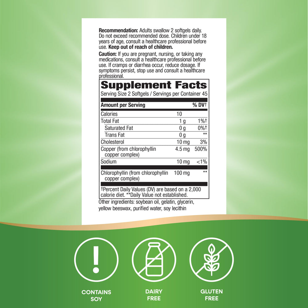Nature's Way Chlorofresh skin support focus on capsule image.