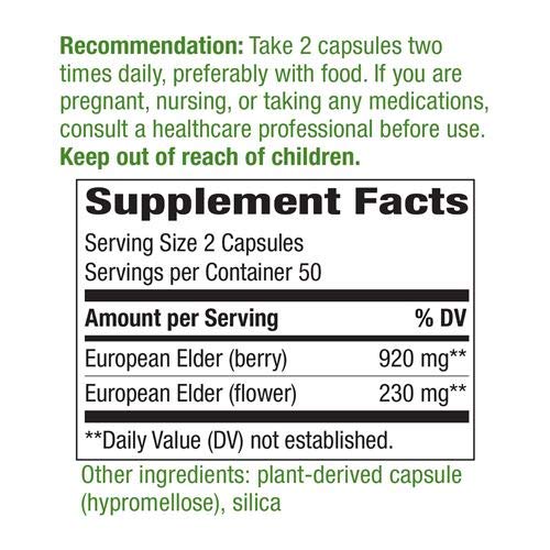 Supplement facts and ingredients label for Nature's Way Elderberry