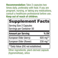 Supplement facts and ingredients label for Nature's Way Elderberry