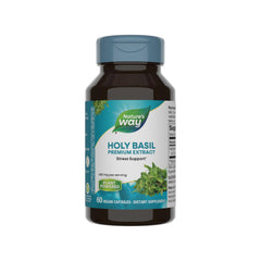 Bottle front label of Nature's Way Holy Basil Premium Extract