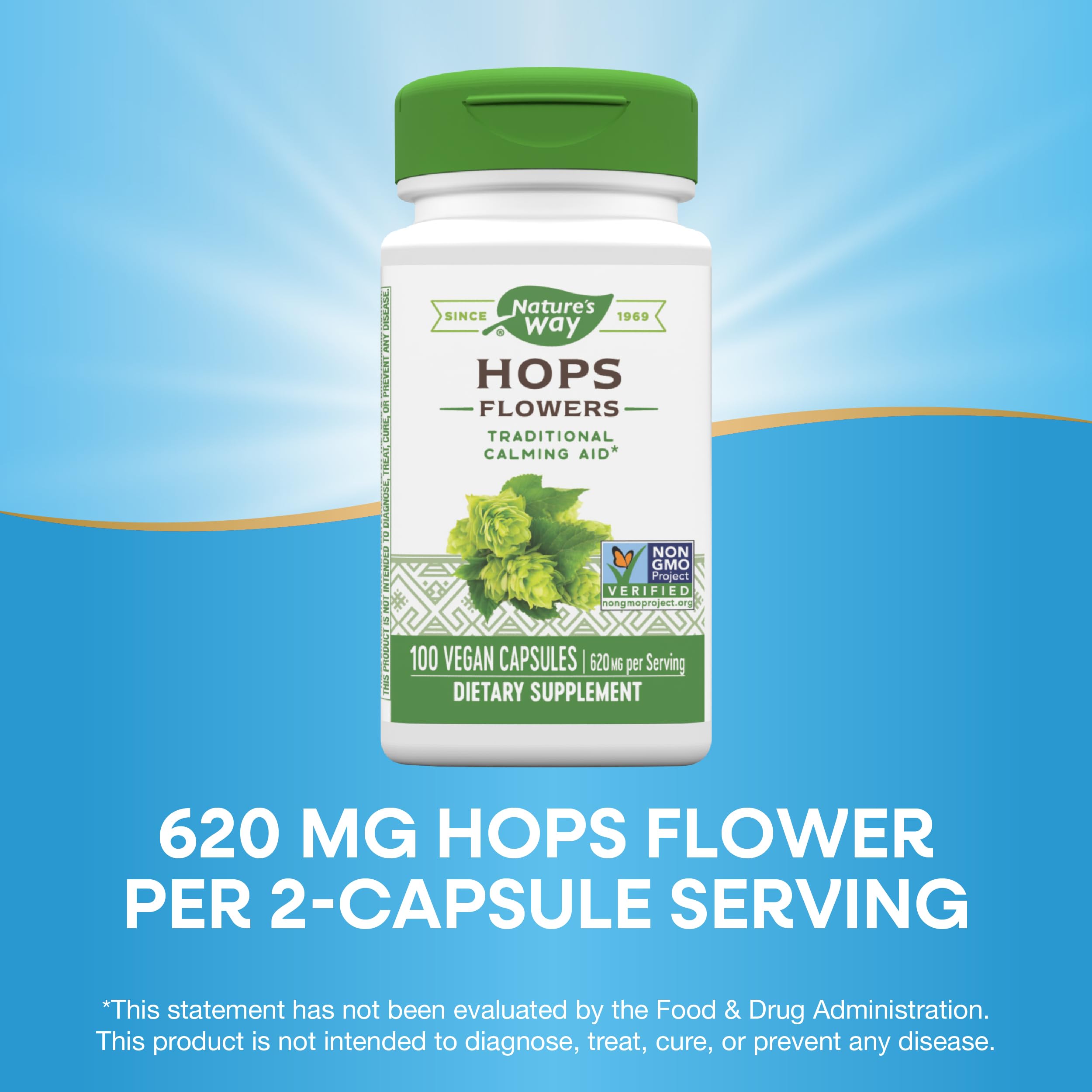 Supplement facts panel and ingredients for Nature's Way Hops Flowers