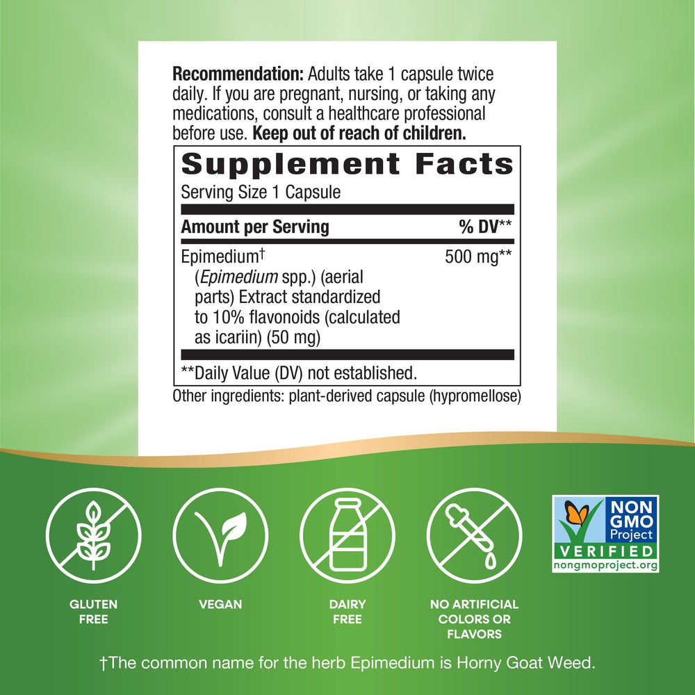Nature's Way Horny Goat Weed label closeup showing 500 mg epimedium per serving
