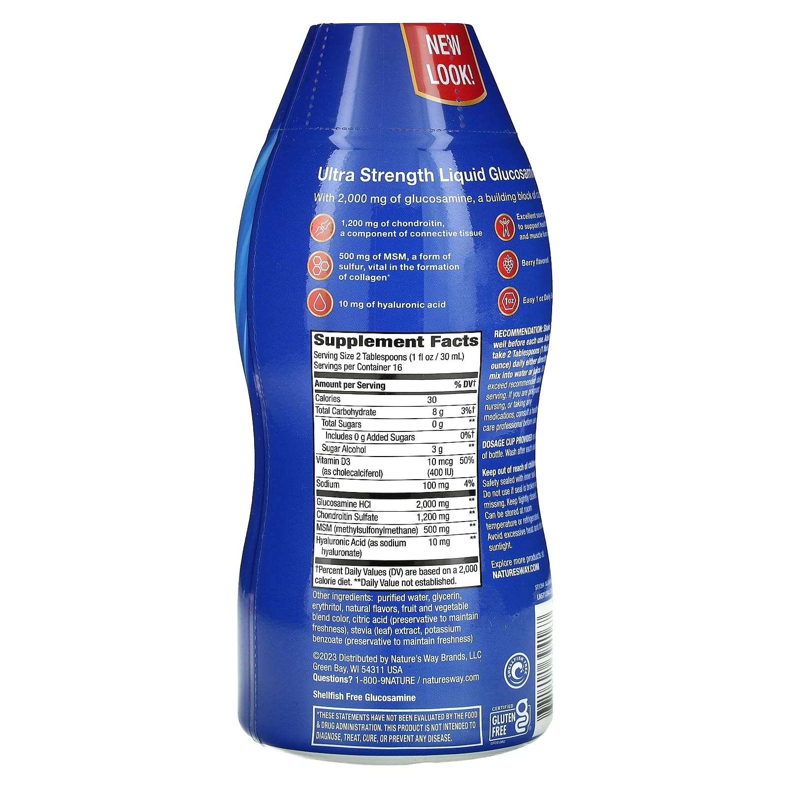 Daily serving of Nature's Way Glucosamine Liquid Berry Flavor showing 2 tablespoons (1 fl oz) scoop