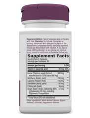 Six-herb blend ingredients: horse chestnut, butcher's broom, cayenne pepper, dandelion, prickly ash and grape seed