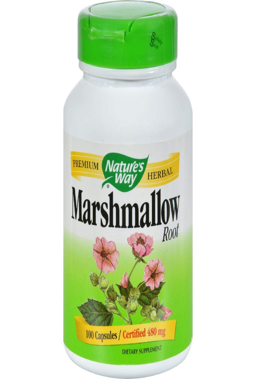 Nature's Way Marshmallow Root bottle on counter suggesting respiratory and digestive support