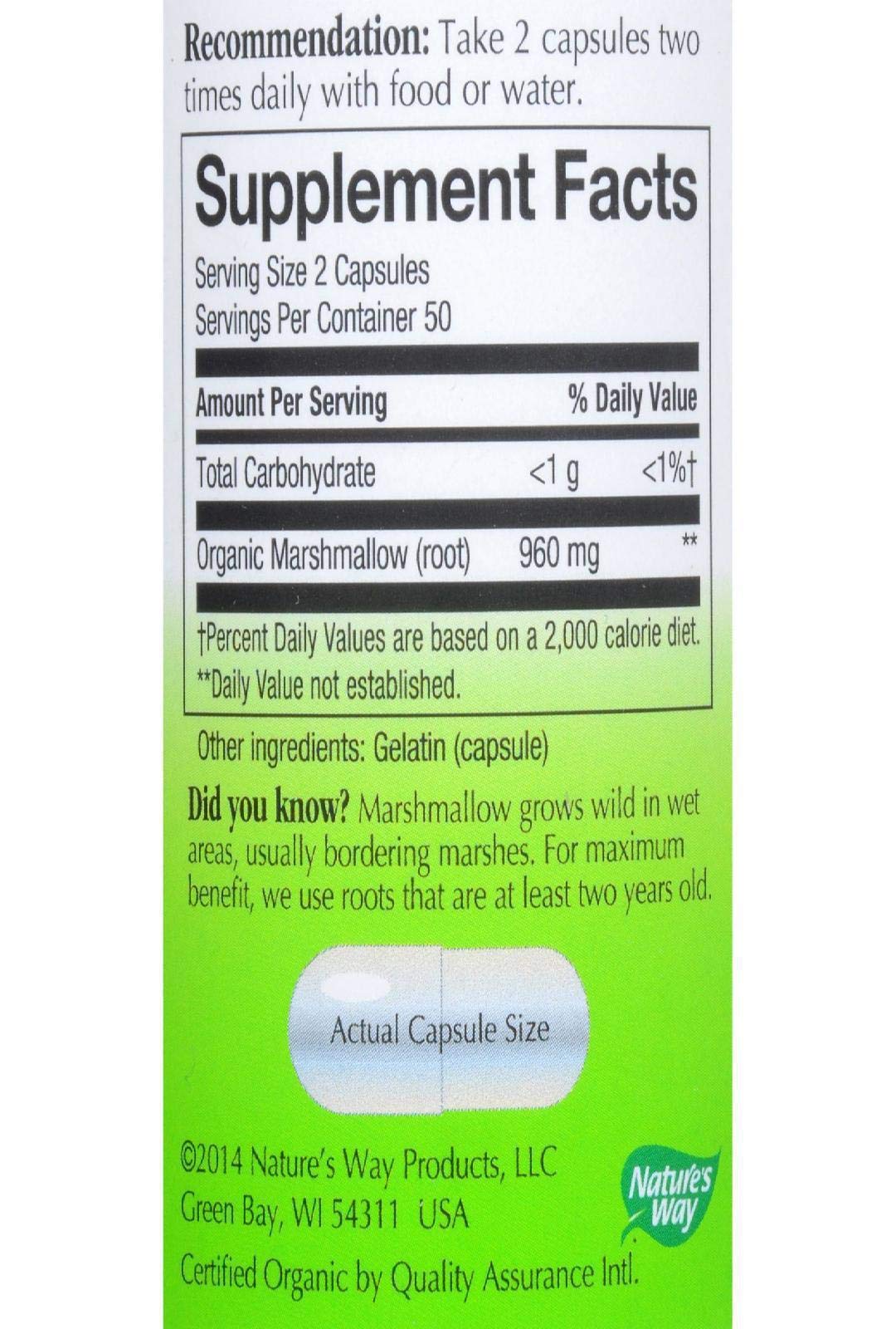 Nature's Way Marshmallow Root packaging shows Oregon Tilth organic processing certification