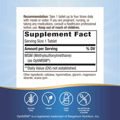 Back label with supplement facts for Nature's Way MSM 1000 mg
