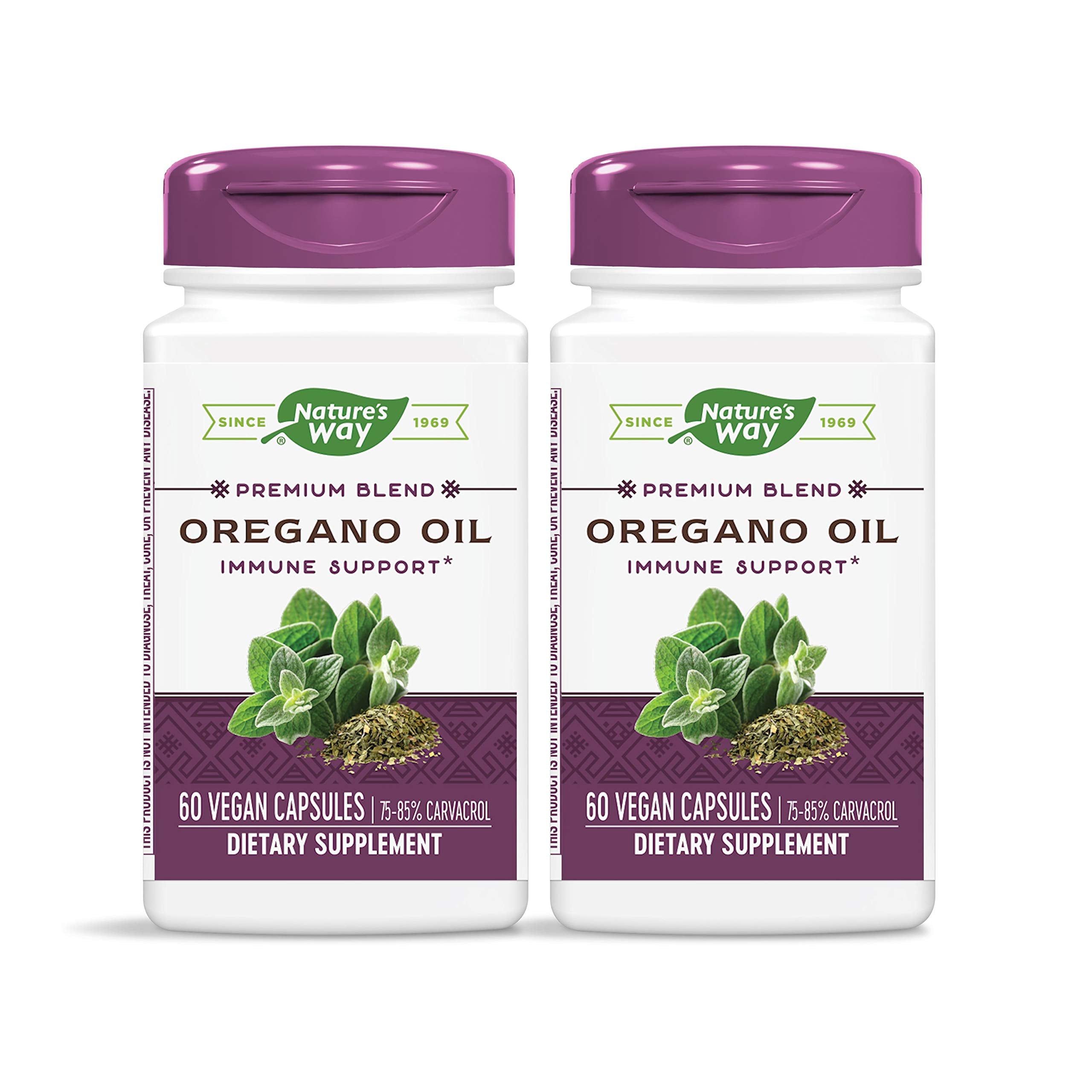 Nature's Way oregano oil bottle with 60 vegetarian capsules, 75-85% carvacrol per capsule