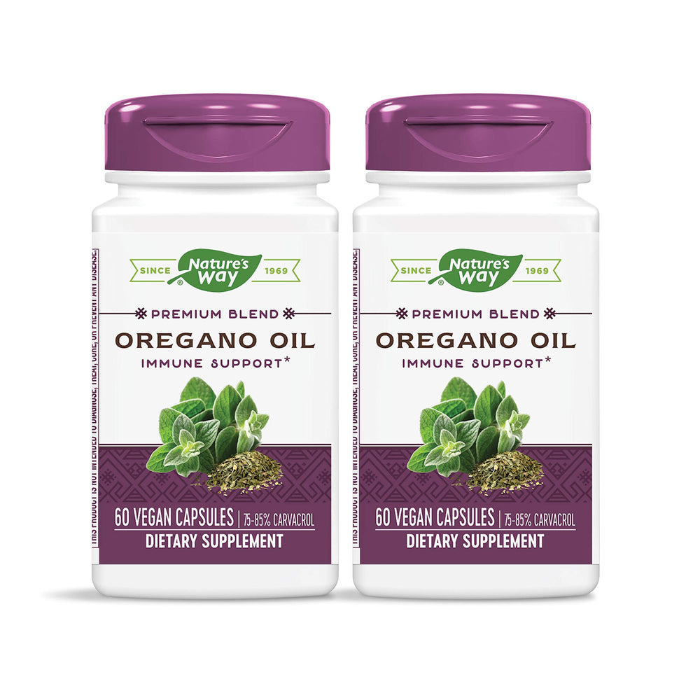 Nature's Way oregano oil bottle with 60 vegetarian capsules, 75-85% carvacrol per capsule