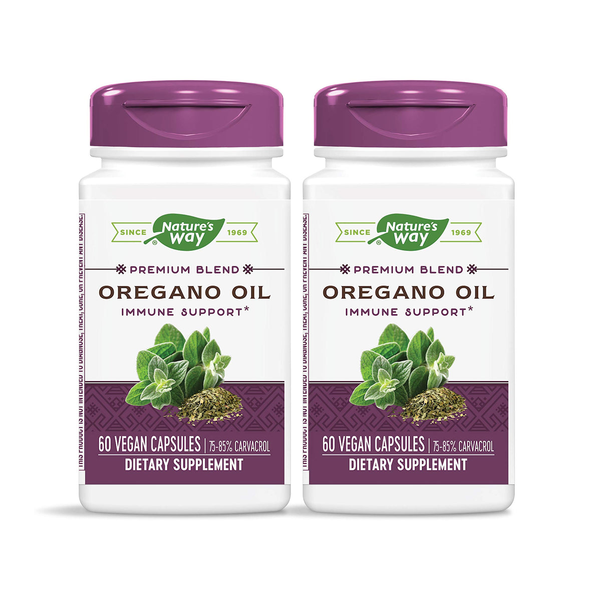 Nature's Way oregano oil bottle with 60 vegetarian capsules, 75-85% carvacrol per capsule