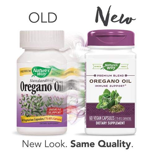 Close-up of Nature's Way oregano oil bottle label from a pack of two