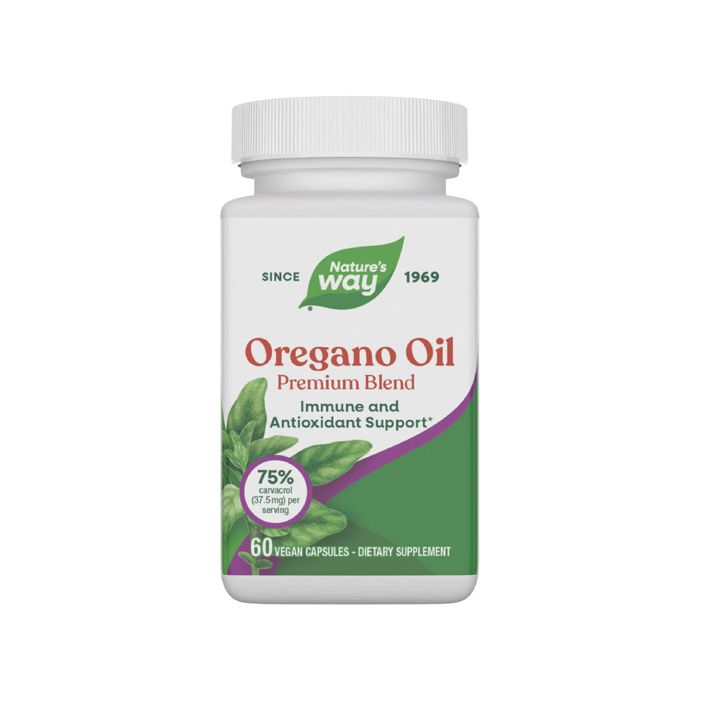 Nature's Way Oregano Oil bottle label showing 75-85% carvacrol per serving