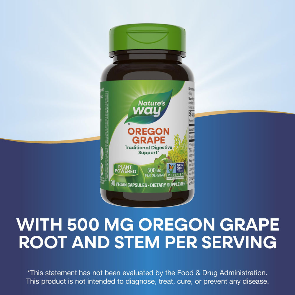 Label showing 500 mg Oregon Grape per serving