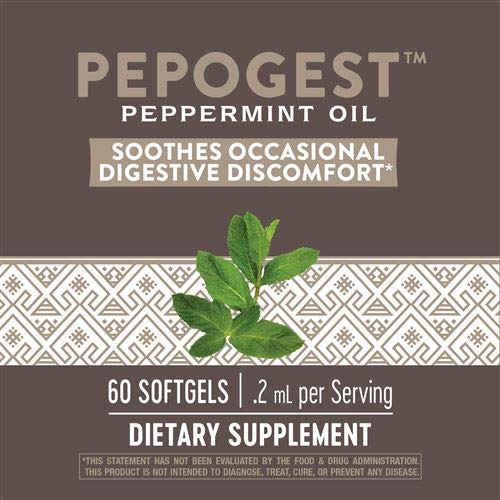 Pepogest bottle label highlighting enteric-coated peppermint oil
