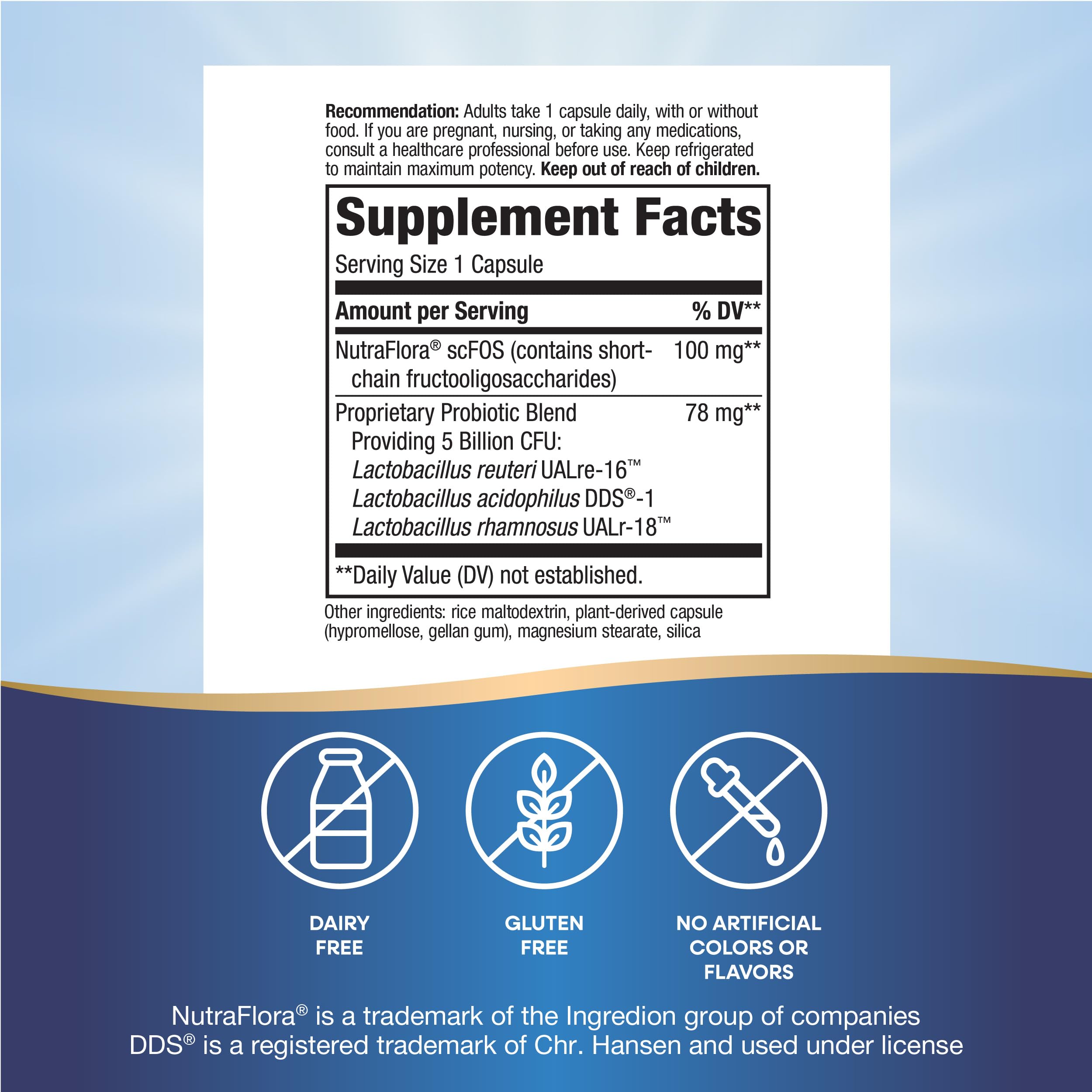 Nature's Way Primadophilus Reuteri label close-up detailing multi-strain gut support.