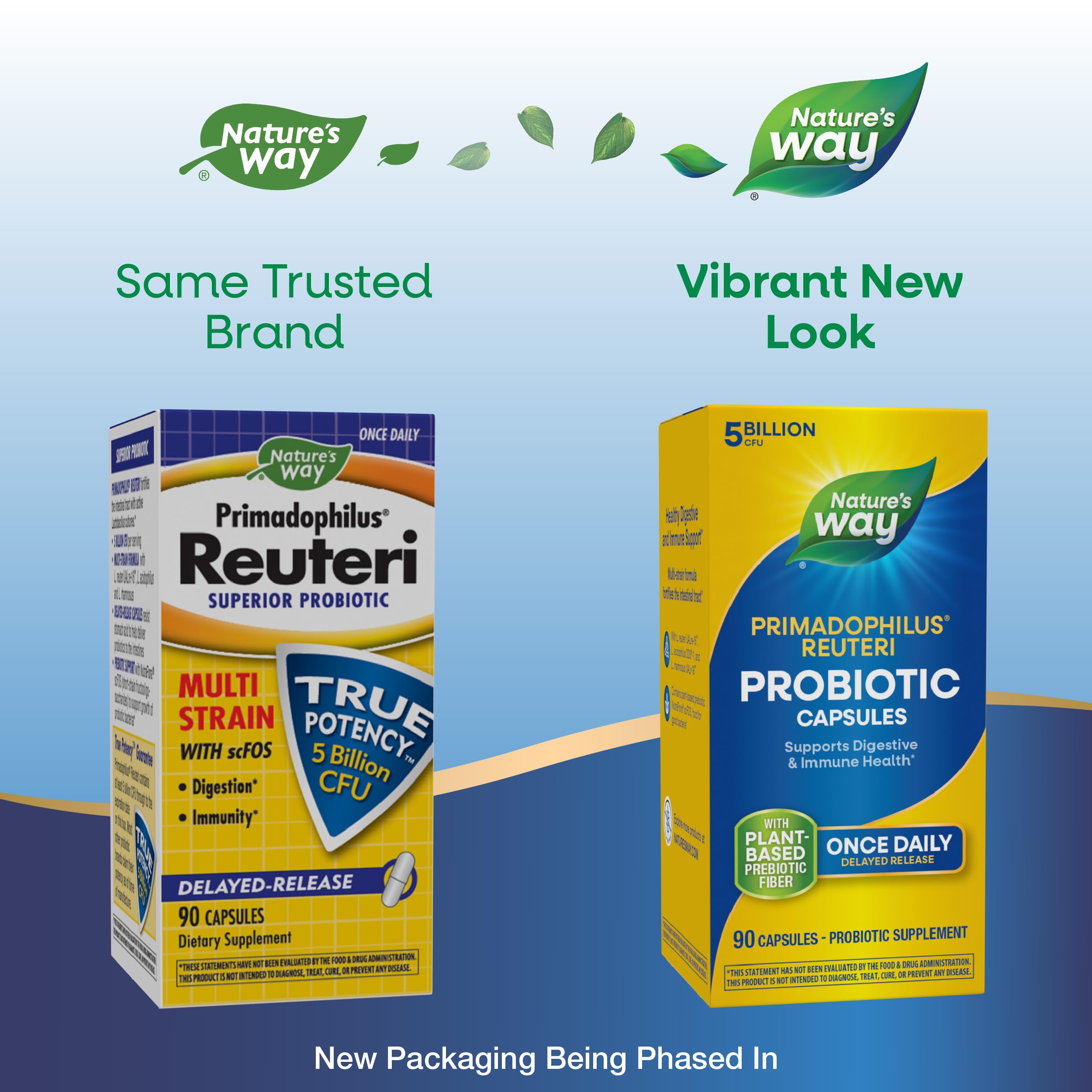 Nature's Way Primadophilus Reuteri packaging highlights plant-derived prebiotic fiber benefits.
