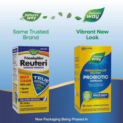 Nature's Way Primadophilus Reuteri packaging highlights plant-derived prebiotic fiber benefits.