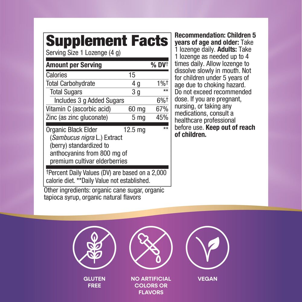 Back panel of Sambucus Immune Lozenges packaging