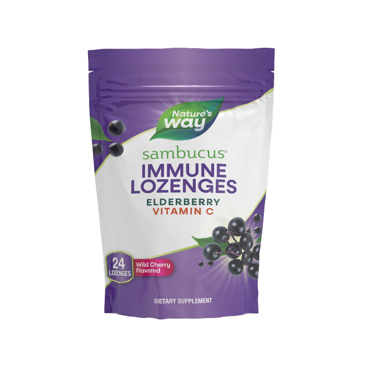 Nature's Way Sambucus immune lozenges box and product shot with wild cherry flavor
