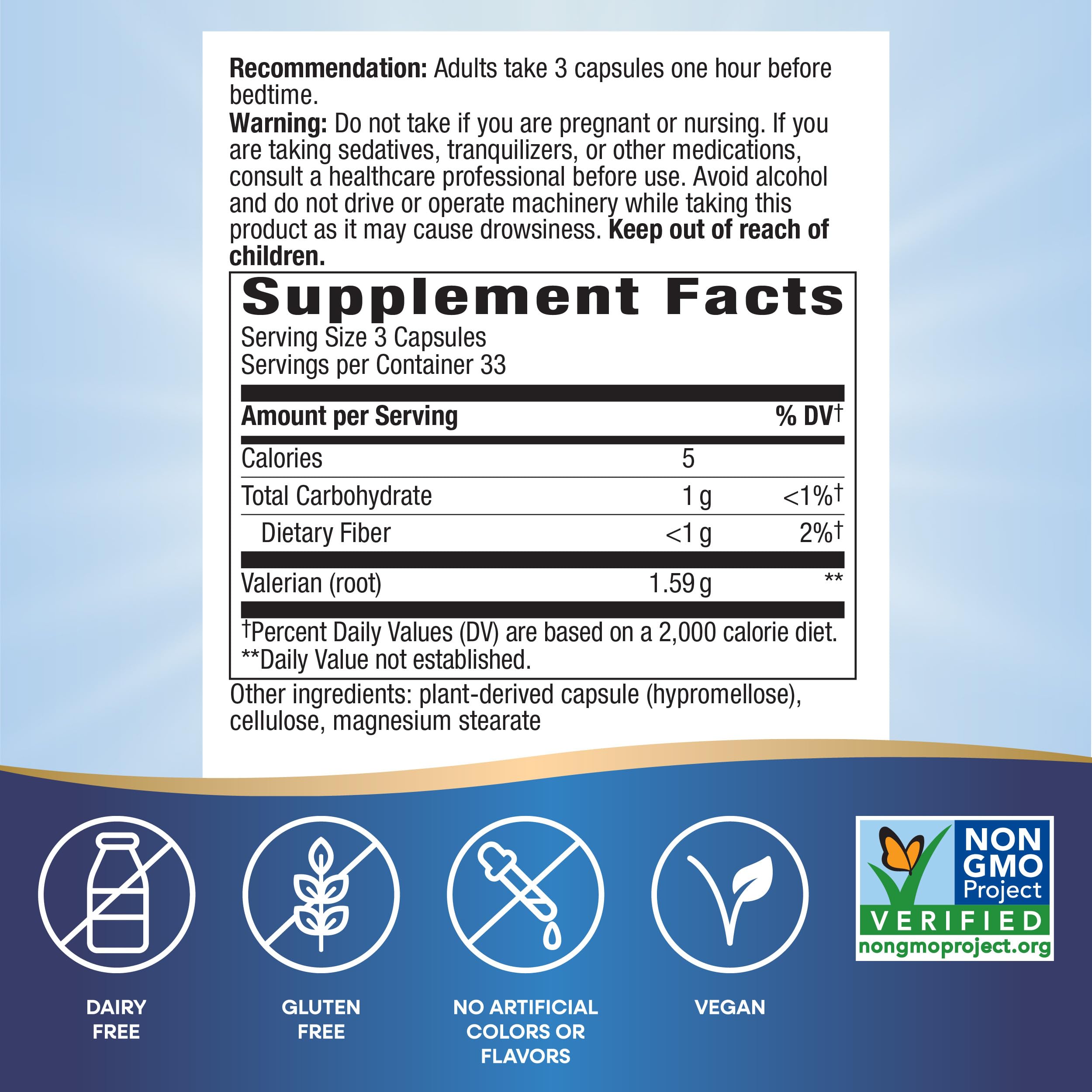 Close-up of valerian root capsules labeled 1590 mg per 3 capsules
