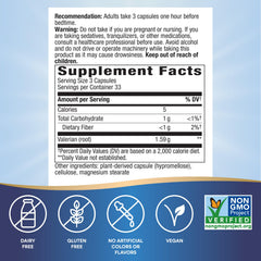 Close-up of valerian root capsules labeled 1590 mg per 3 capsules