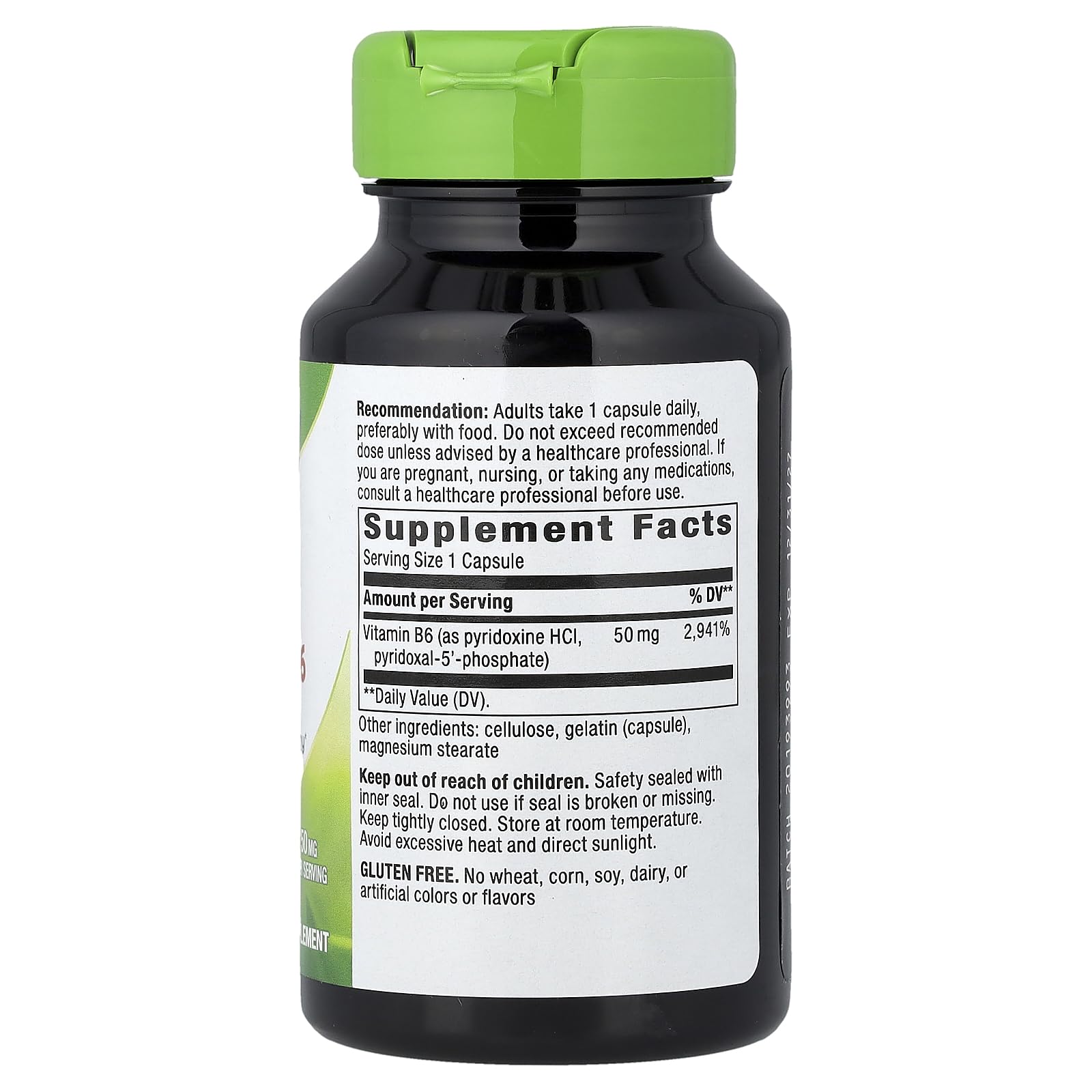 Close-up of Nature's Way Vitamin B6 bottle label showing 50 mg per serving