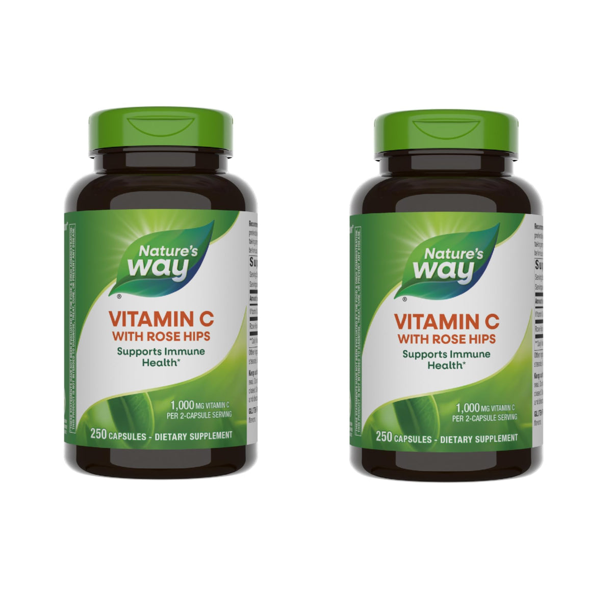 Bottle label for Nature's Way Vitamin C with Rose Hips showing 1000 mg per 2 capsules and 500 capsules